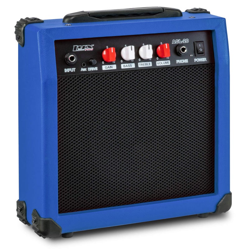 LyxPro Electric Guitar Amp 20 Watt Amplifier Built in Speaker Headphone Jack and Aux Input Includes Gain Bass Treble Volume and Grind - Blue - Image 5